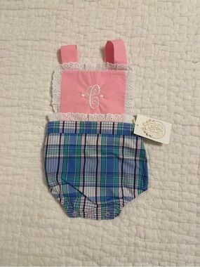 The Beaufort Bonnet Company Pink Bib & Blue Plaid Bubble Romper